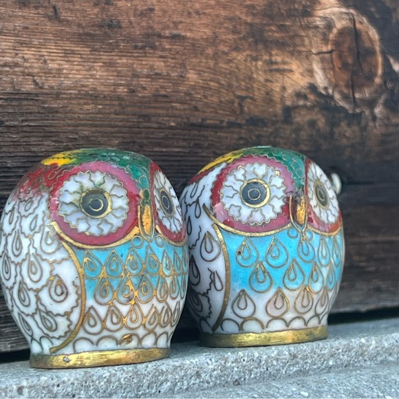 Vintage Cloisonné Chinese Owl Salt & Pepper Shakers – Set – Good Condition - Picture 4 of 8